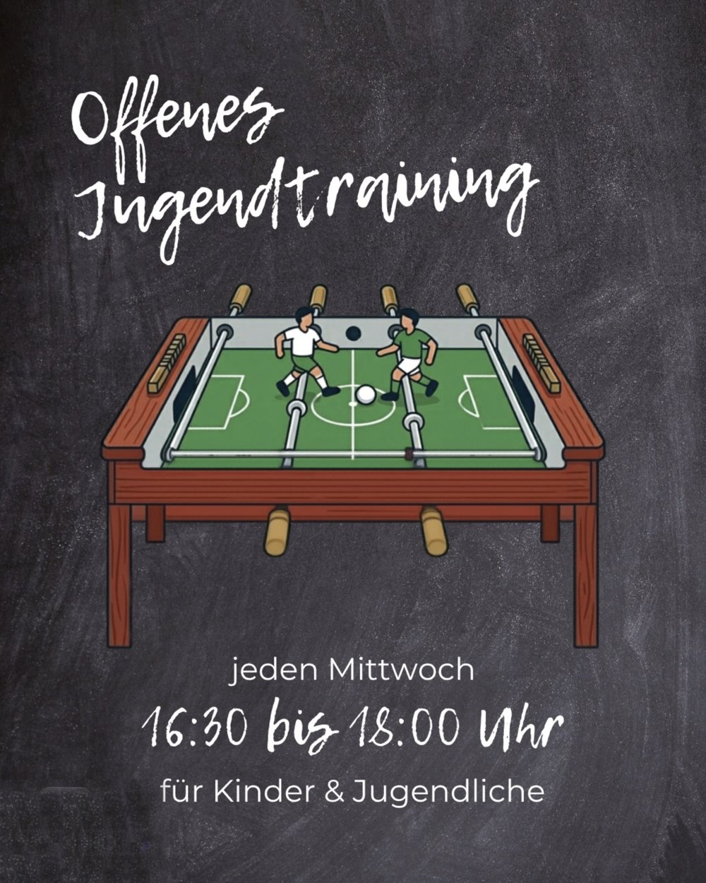 Plakat: Offenes Jugendtraining jeden Mittwoch von 16:30 bis 18:00 Uhr für Kinder und Jugendliche